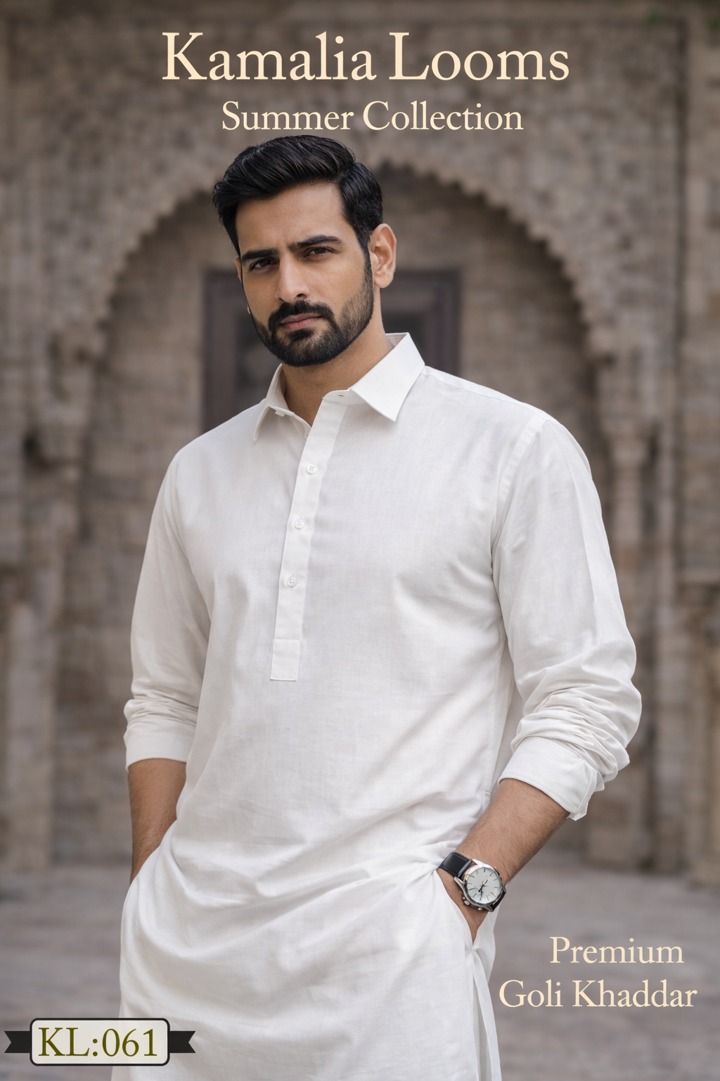 Man wearing pure white summer khaddar fabric kurta from Kamalia Looms summer collection