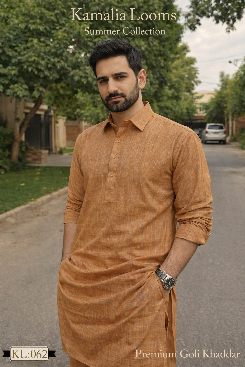 Man wearing Kamalia Looms summer khaddar kurta made from premium goli khaddar fabric in a brown color