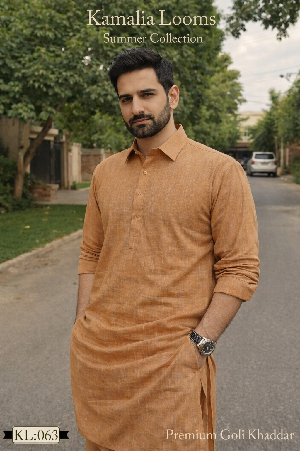 Man wearing a kurta made from premium summer goli khaddar fabric by Kamalia Looms in outdoor setting