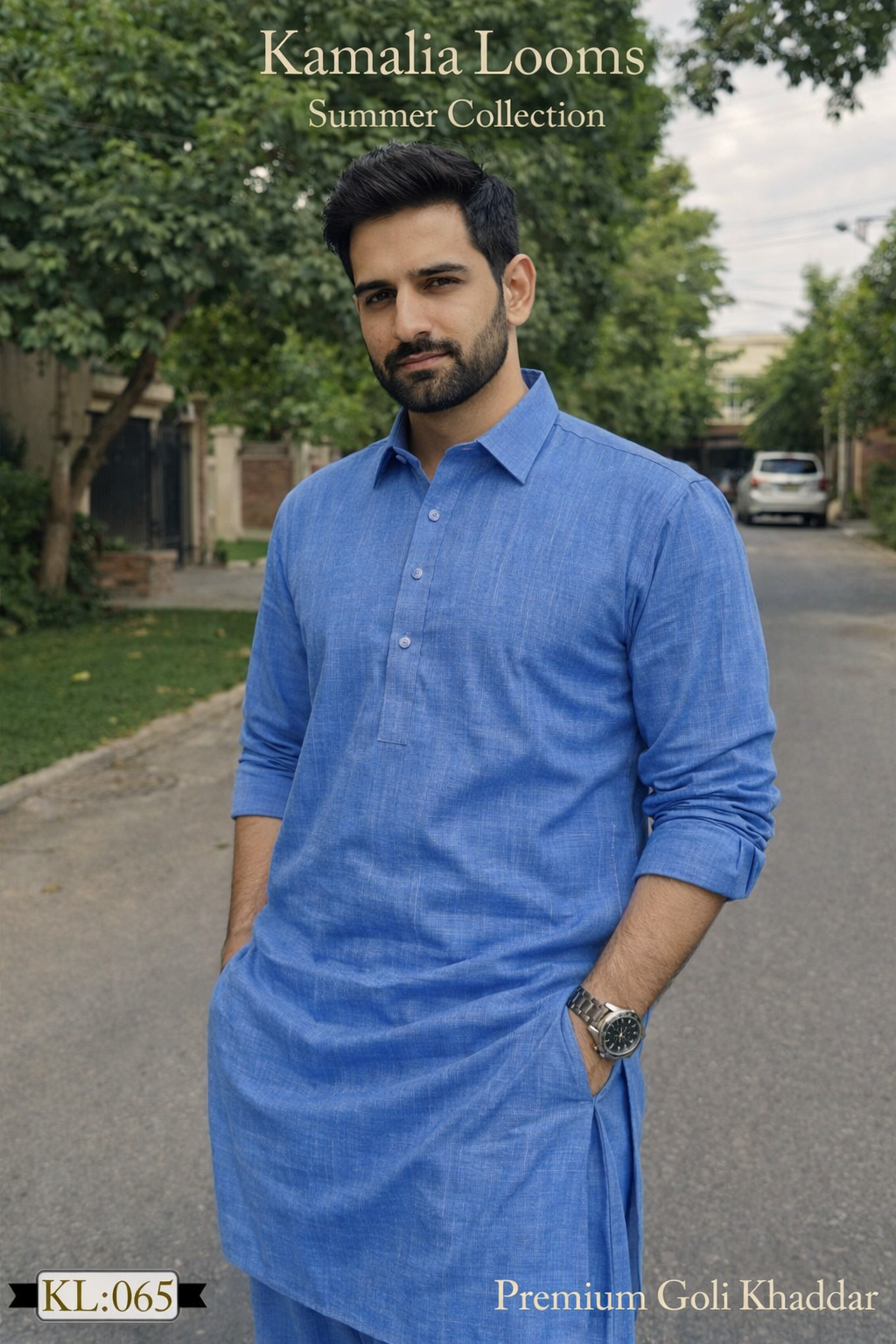 Sky blue summer khaddar fabric neatly folded with buttons and striped edge from Kamalia Looms summer collection