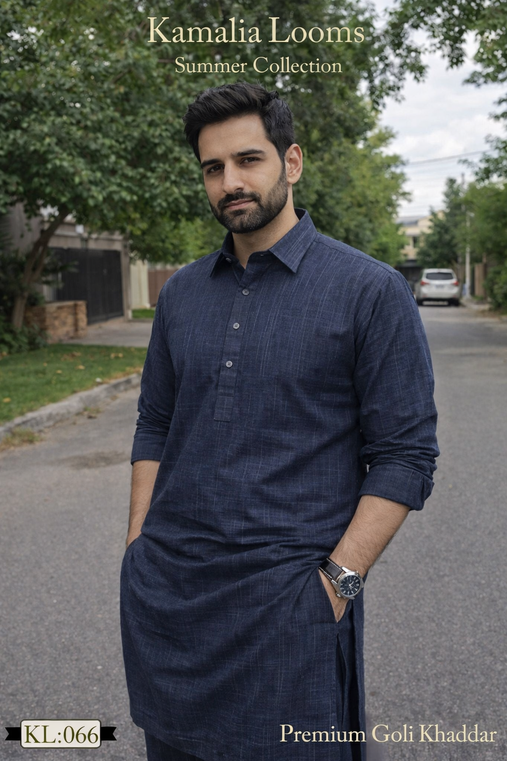 Man wearing navy blue summer khaddar fabric kurta from Kamalia Looms premium collection outdoors