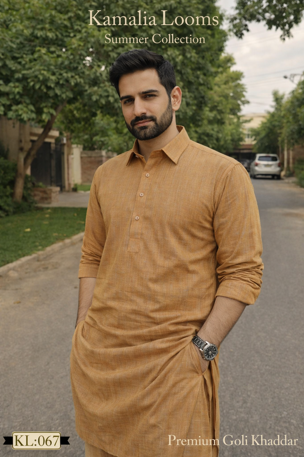 Man wearing premium summer goli khaddar fabric kurta from Kamalia Looms Summer Collection in mustard color