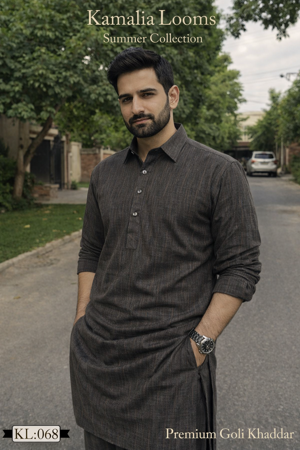 Man wearing premium summer goli khaddar dark gray kurta from Kamalia Looms summer collection