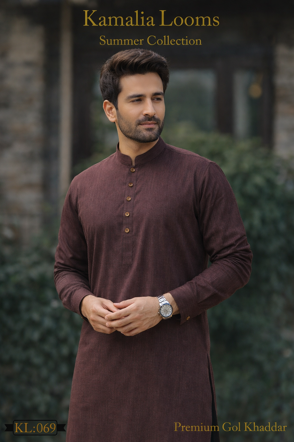 Man wearing premium summer goli khaddar fabric kurta from Kamalia Looms winter khaddar collection
