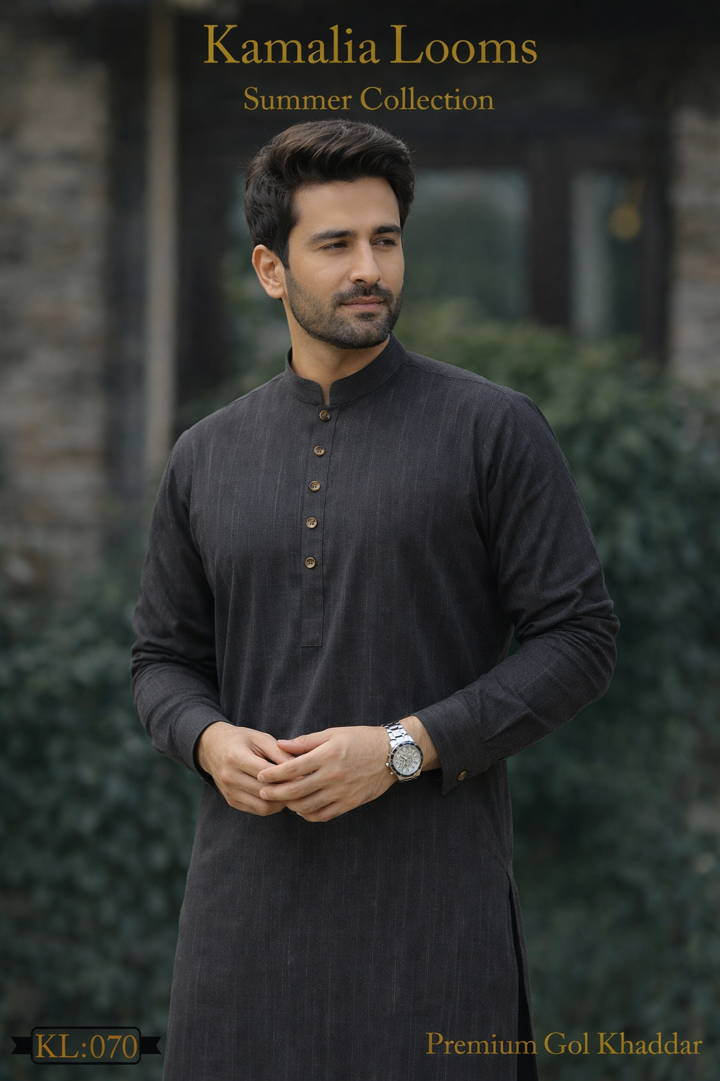 Man wearing black kurta made from premium summer goli khaddar fabric by Kamalia Looms
