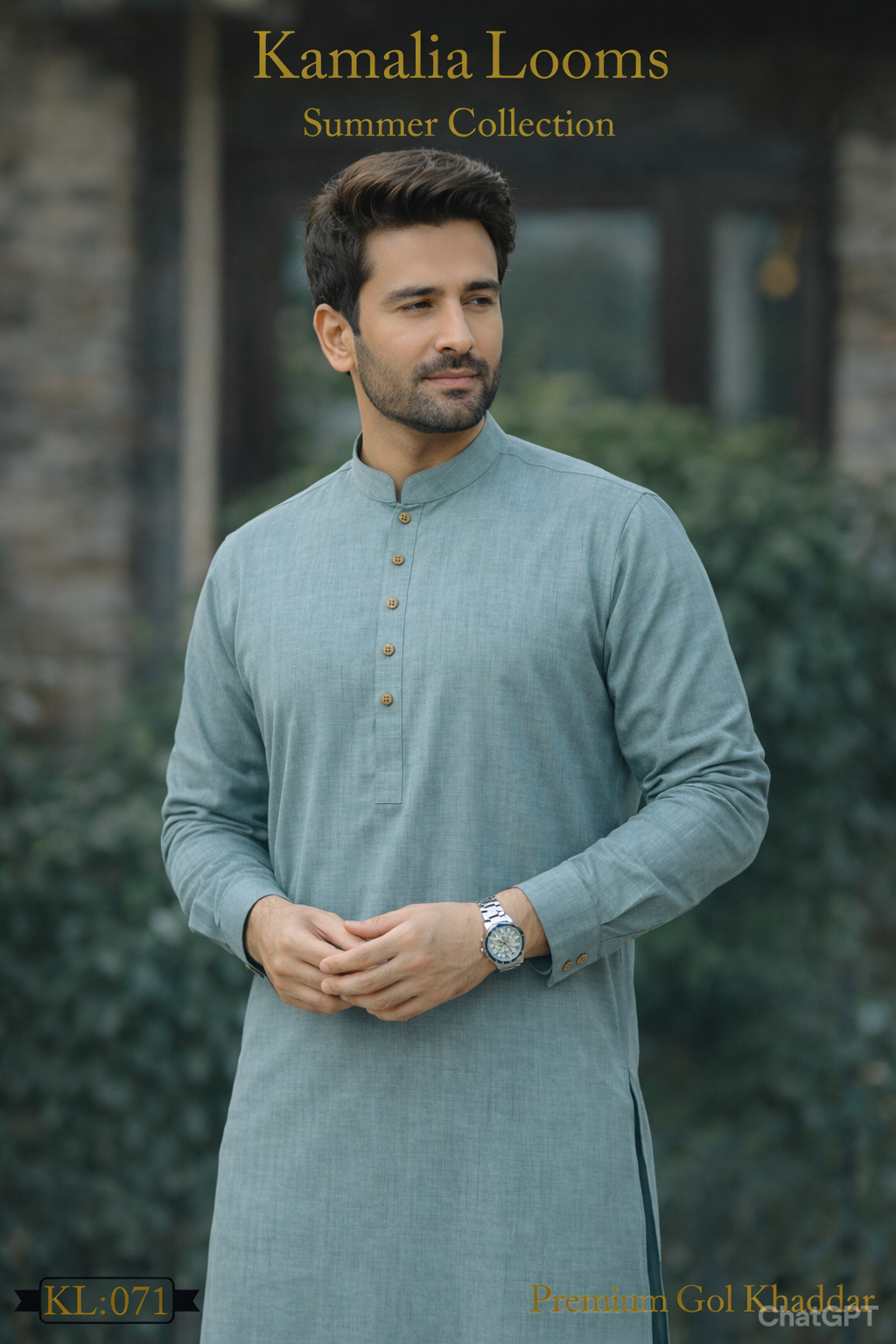 Man wearing Kamalia Looms summer khaddar kurta made of premium goli khaddar fabric in light green