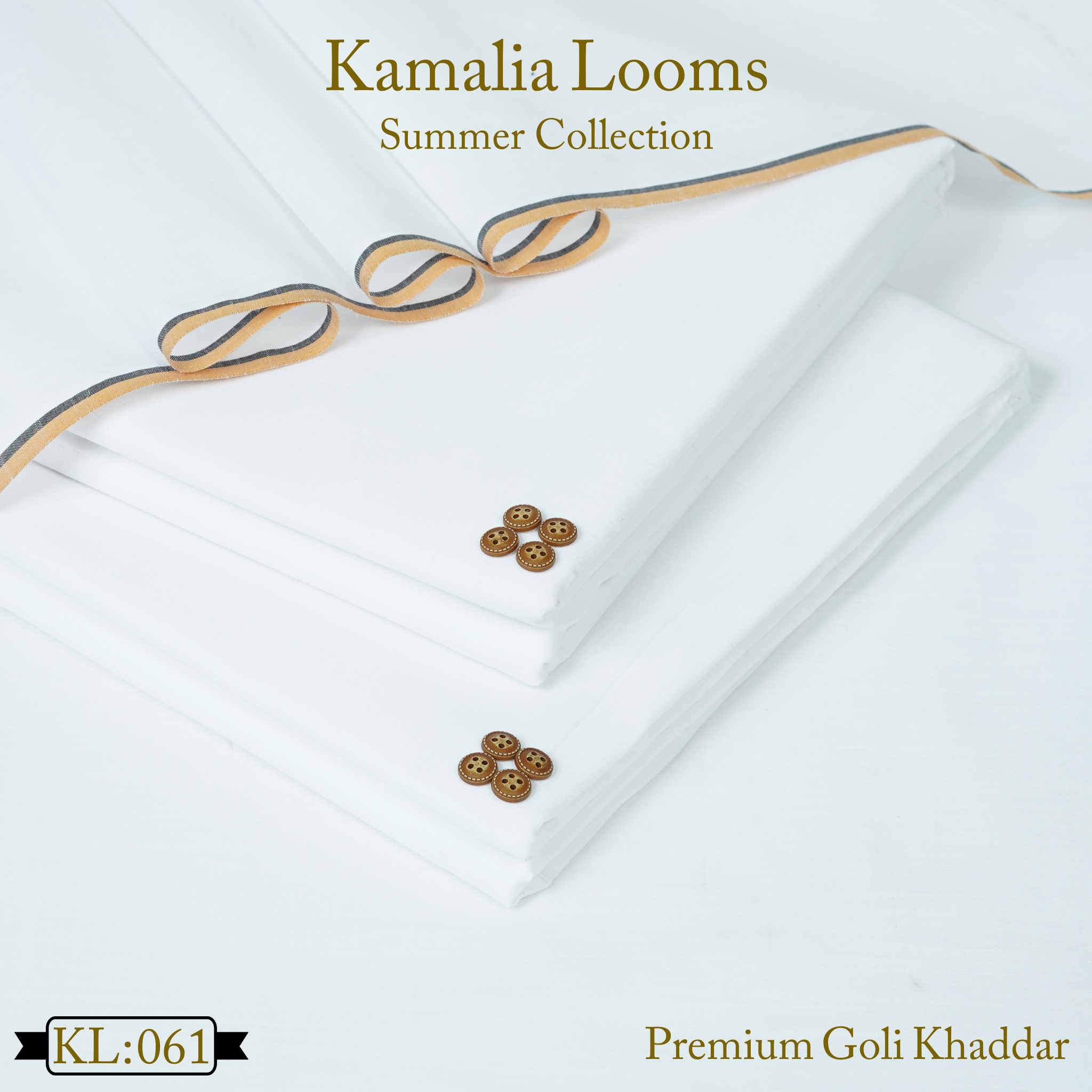 Pure white summer khaddar fabric neatly folded with buttons and striped edge from Kamalia Looms summer collection
