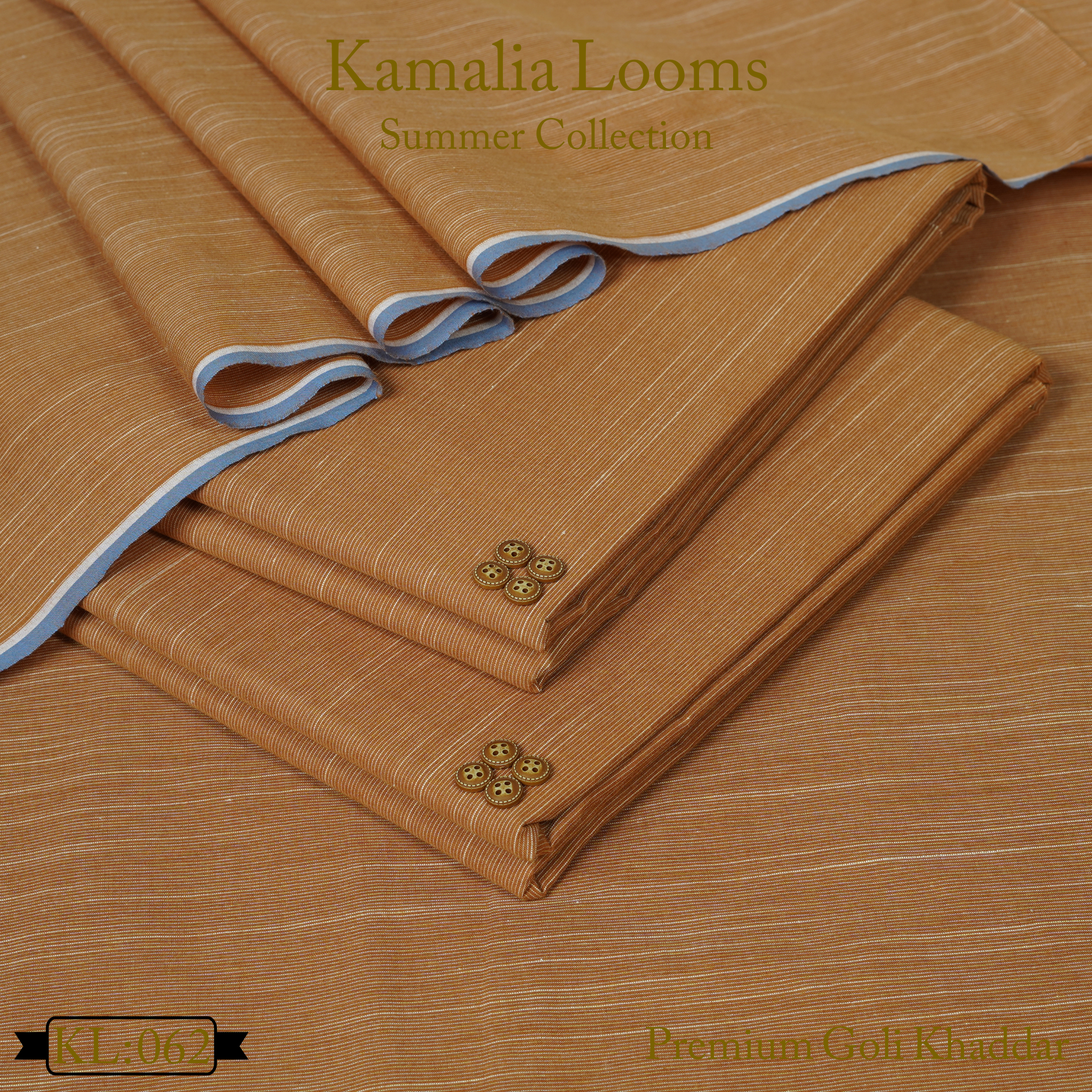Kamalia Looms summer khaddar fabric in light brown with blue edging showcasing premium goli khaddar fabric