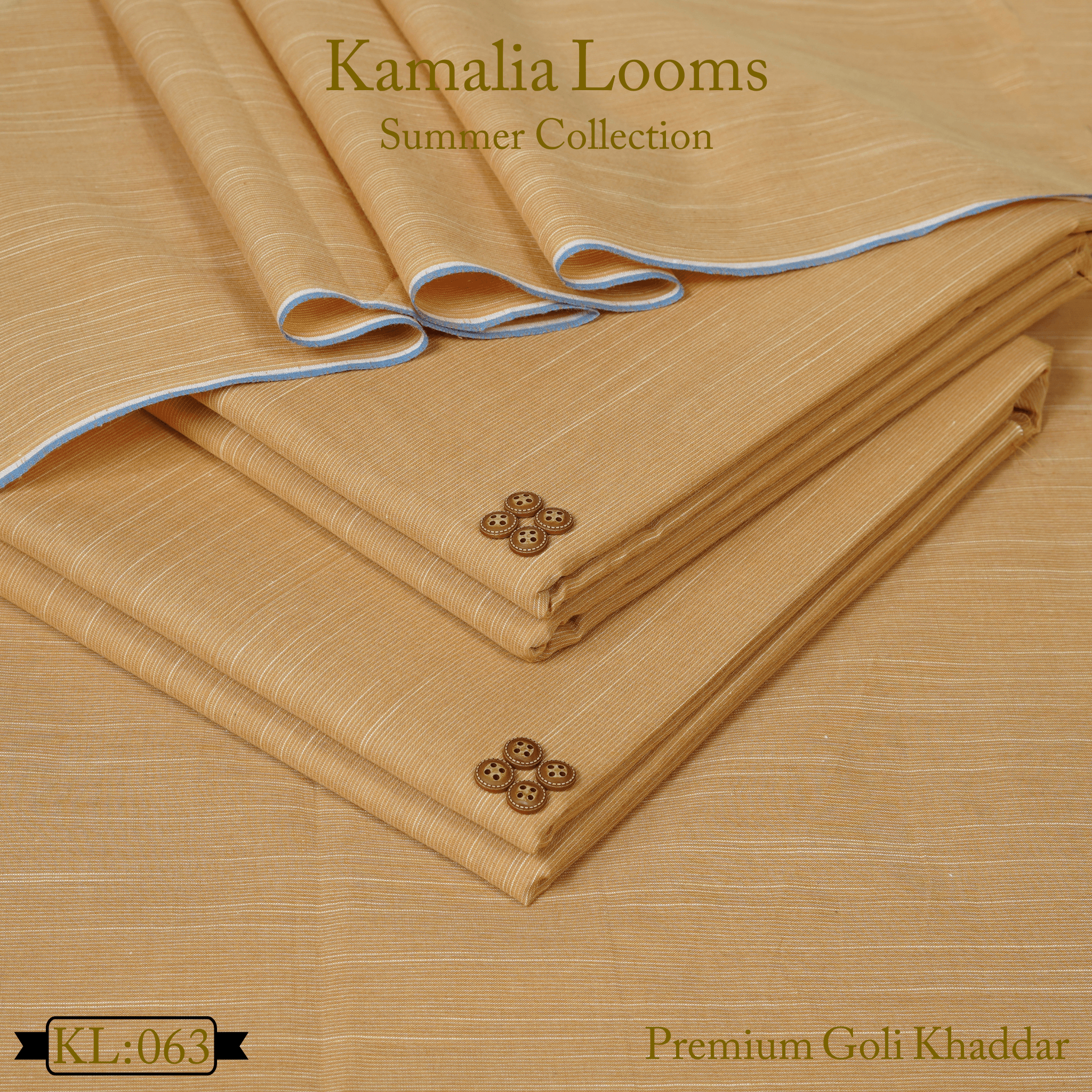 Kamalia Looms premium summer goli khaddar fabric folded neatly with beige color and wooden buttons