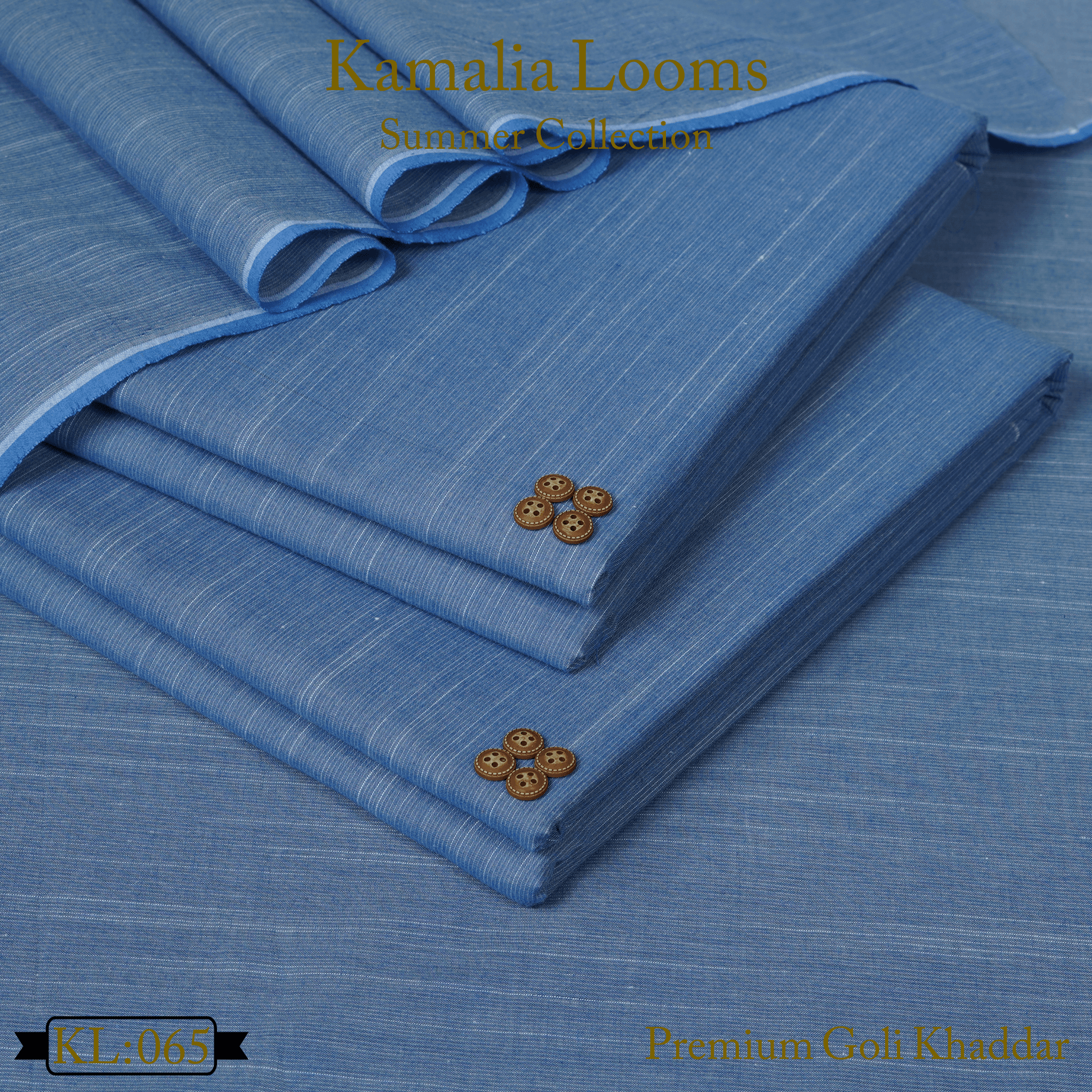 Blue premium summer goli khaddar fabric folded with wooden buttons from Kamalia Looms