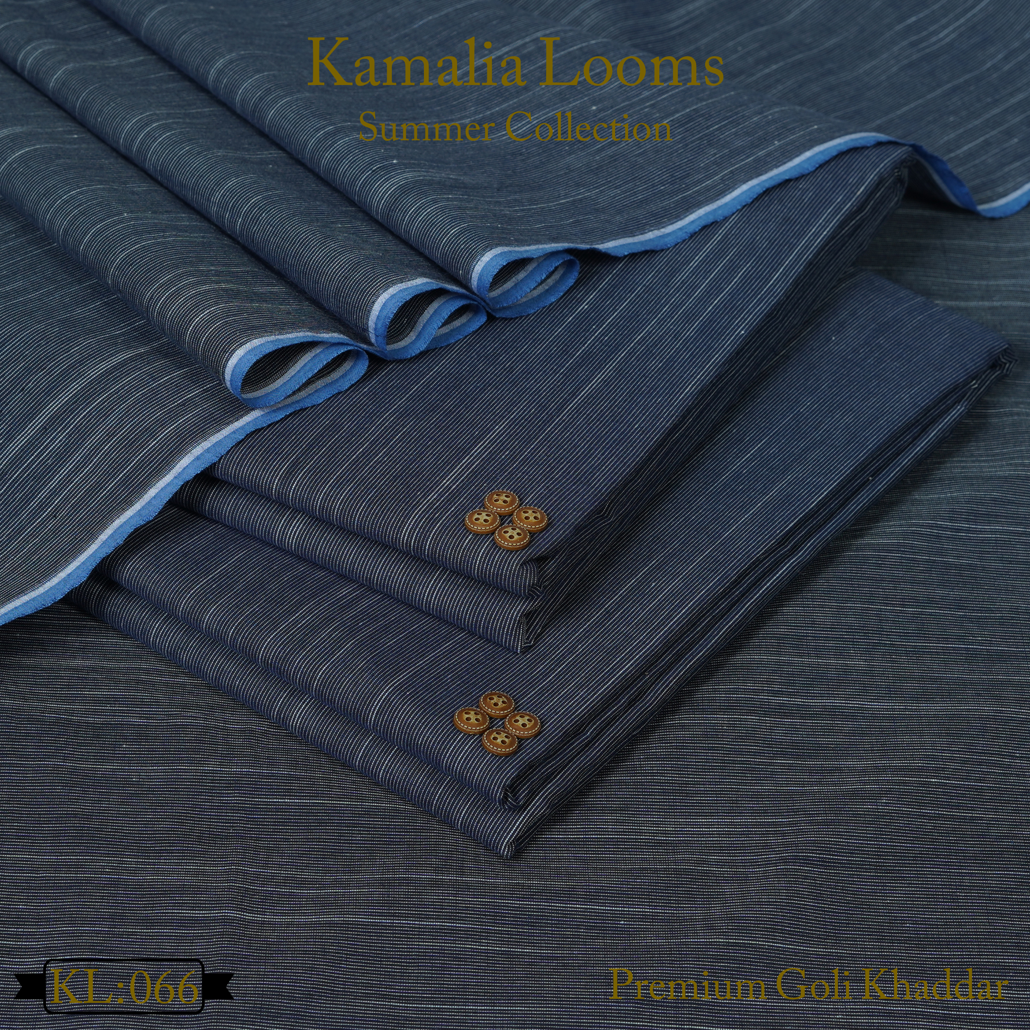 Navy blue summer khaddar fabric from Kamalia Looms Summer Collection with fine stripes and wooden buttons