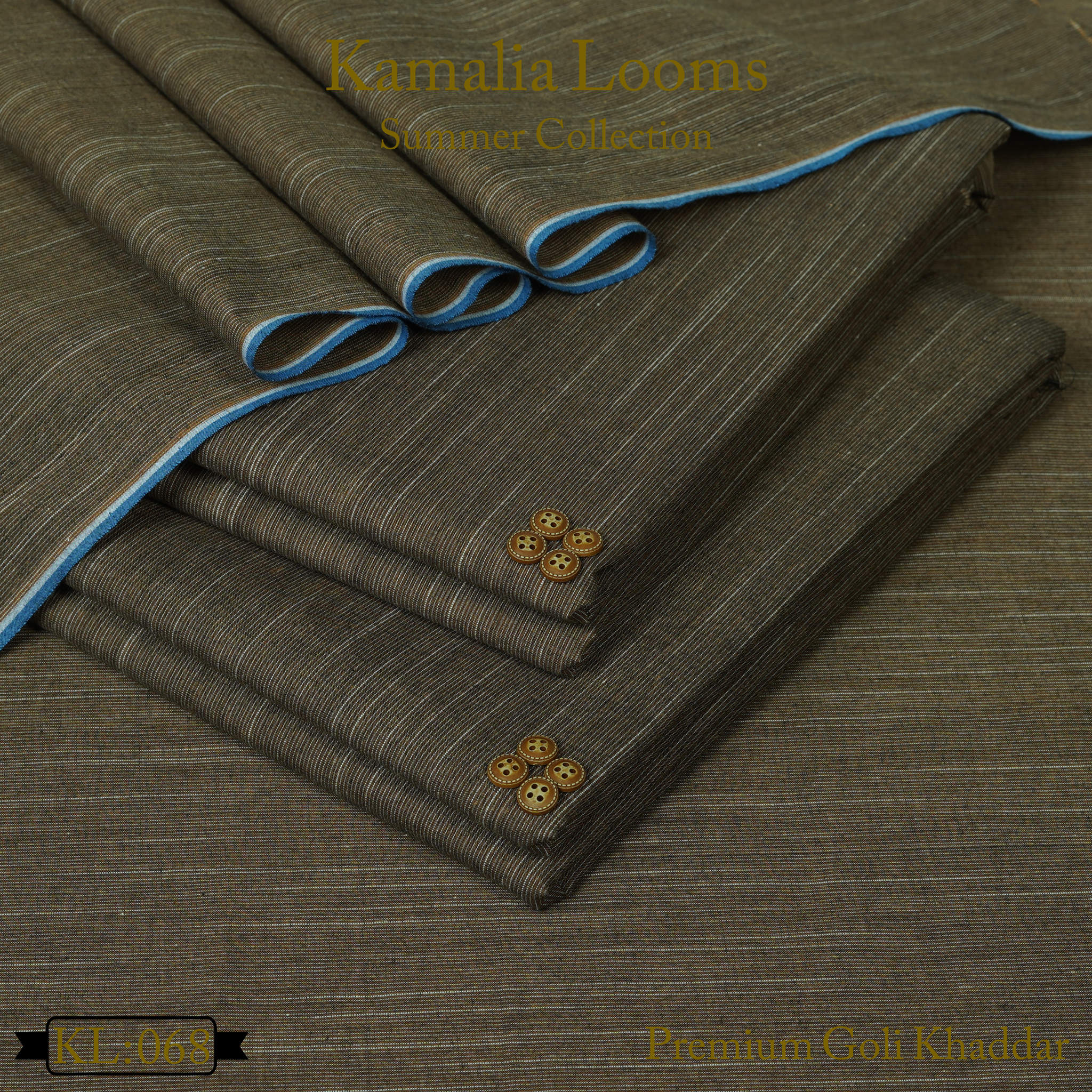 Premium summer goli khaddar dark gray fabric by Kamalia Looms with subtle stripes and decorative buttons