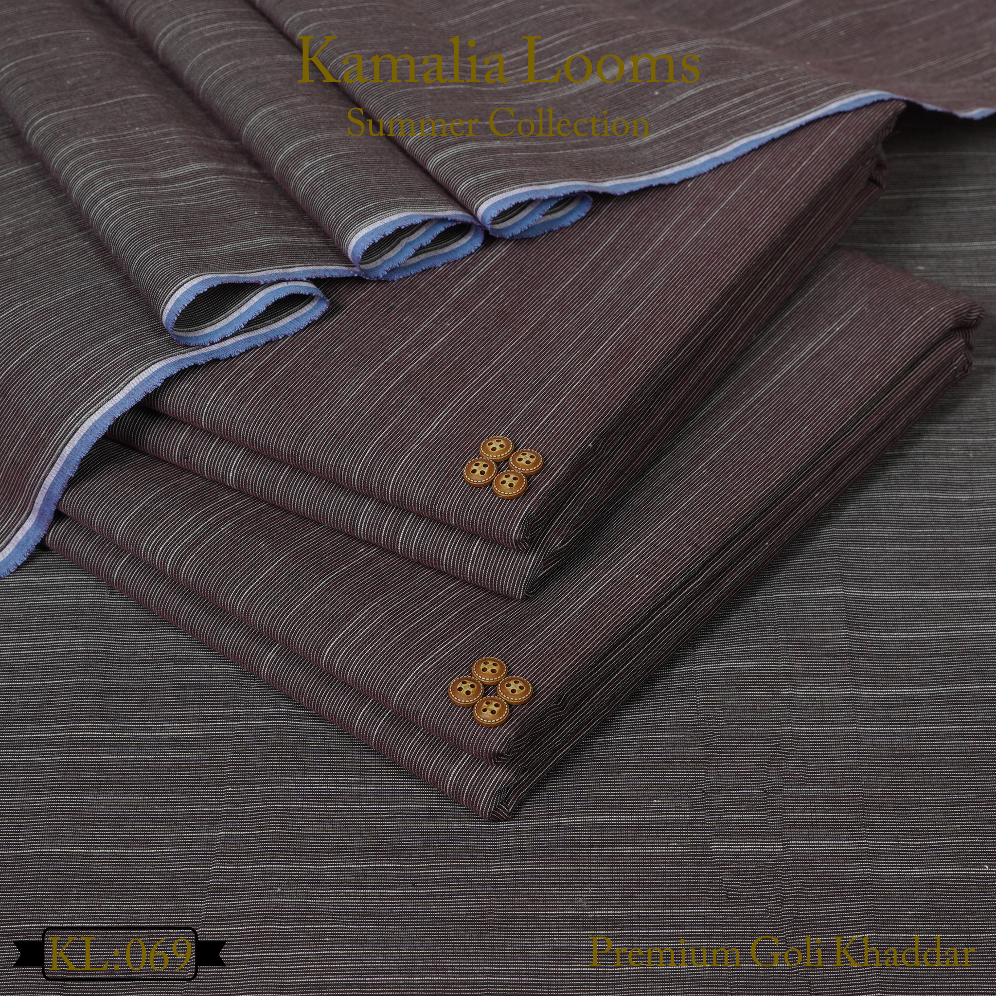 Kamalia Looms premium summer goli khaddar fabric winter khaddar with brown striped pattern and wooden buttons