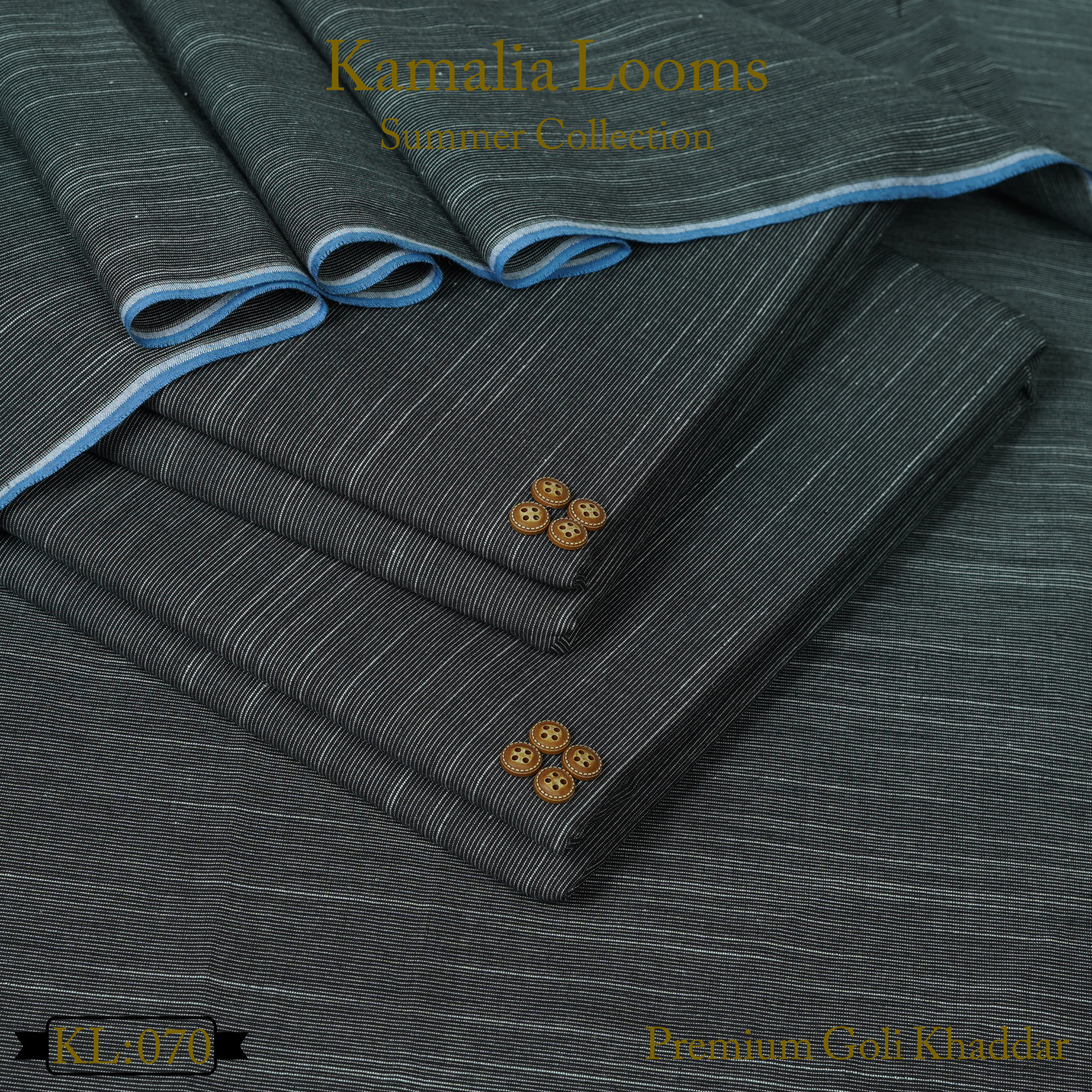Kamalia Looms premium summer goli khaddar fabric in dark striped pattern with wooden buttons